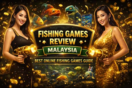 Fishing Games Review Malaysia – premium online casino banner with two women, fish shooting game elements, gold coins, and fishing game graphics